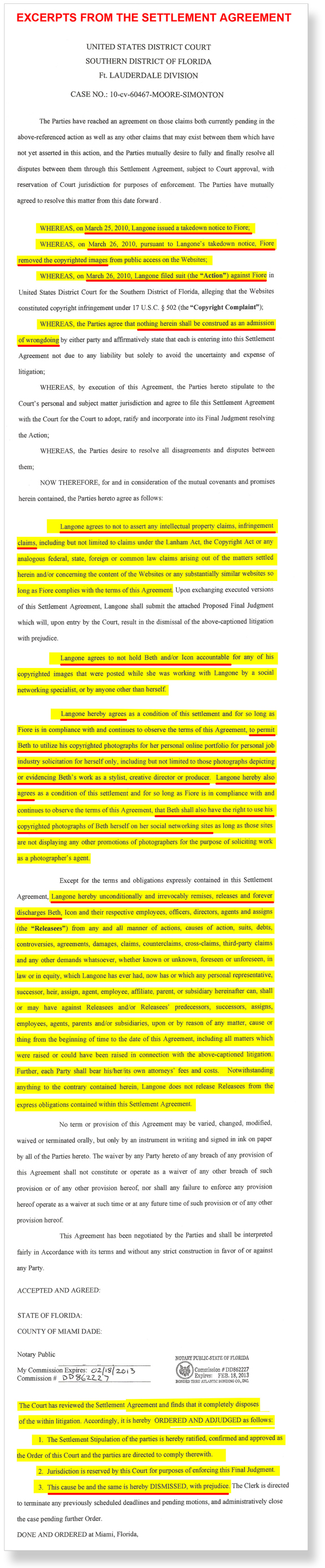 Excerpts from Lawsuit Settlement Agreement