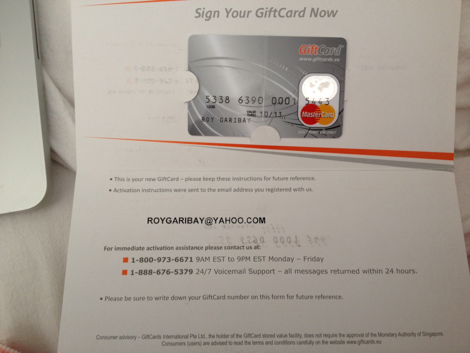 Photo of gift card and letter attached