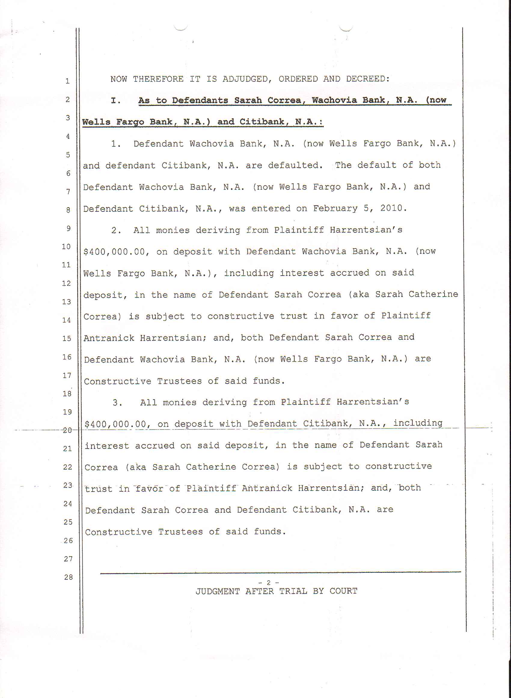 Judgement after trial by court case# SCV0025631 page 2