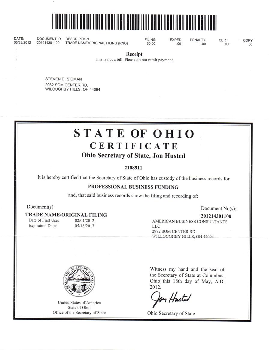 State Of Ohio Registered DBA for Professional Business Funding