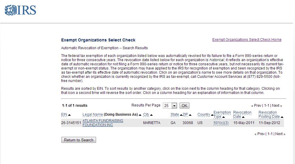 Screen Shot of IRS website showing revoked status