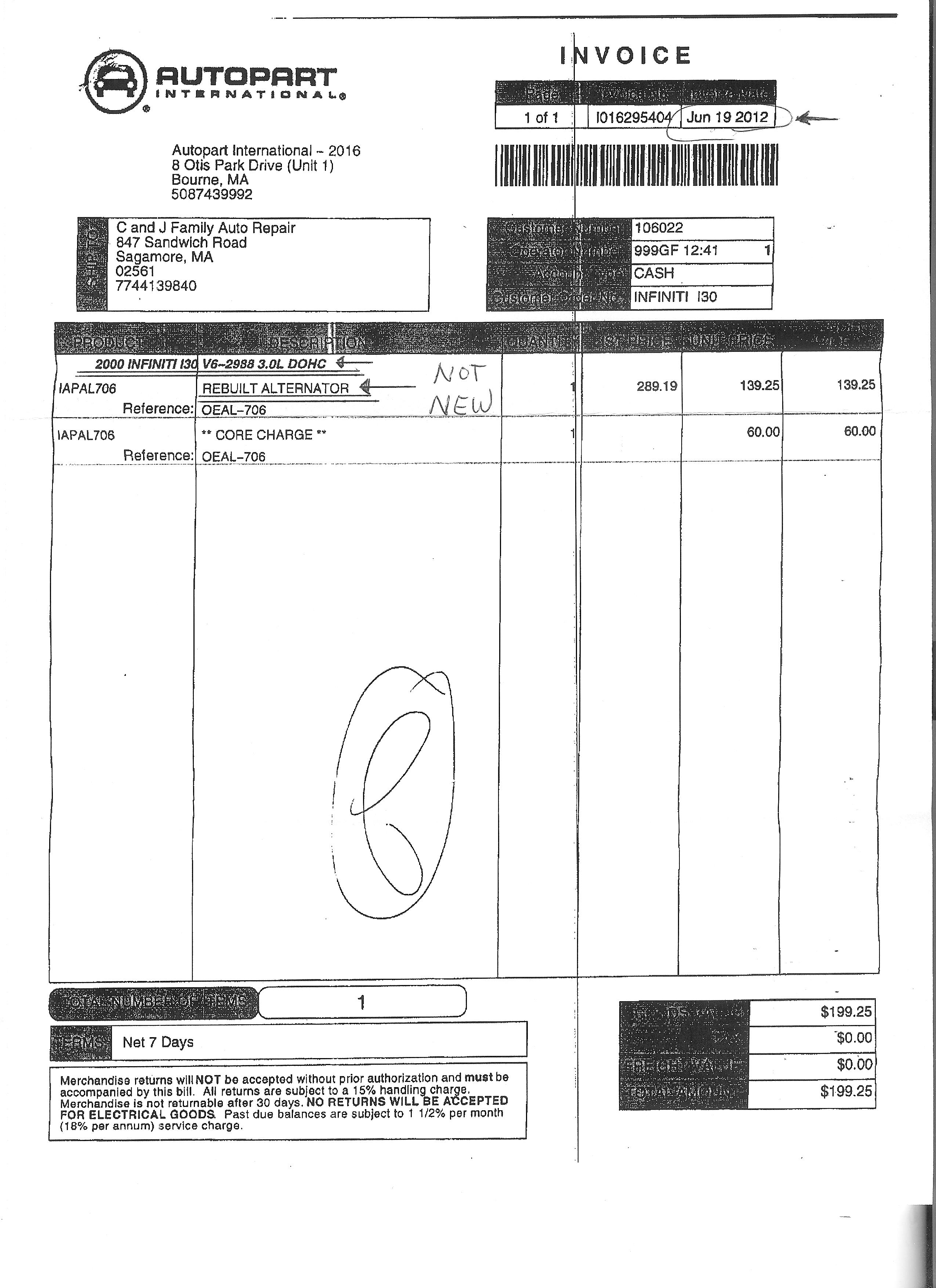 Invoice showing REBUILT