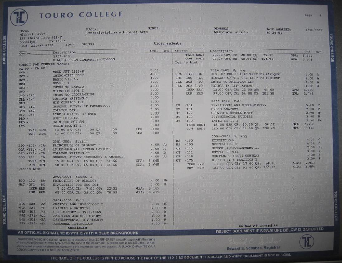 Touro College Official Transcript 1