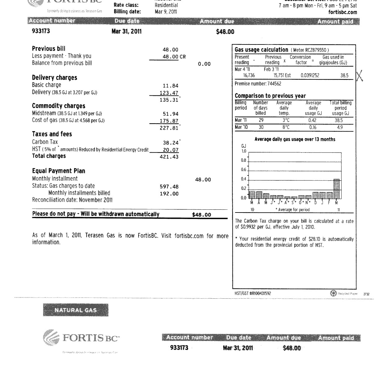 First Fortis BC  natural gas bill