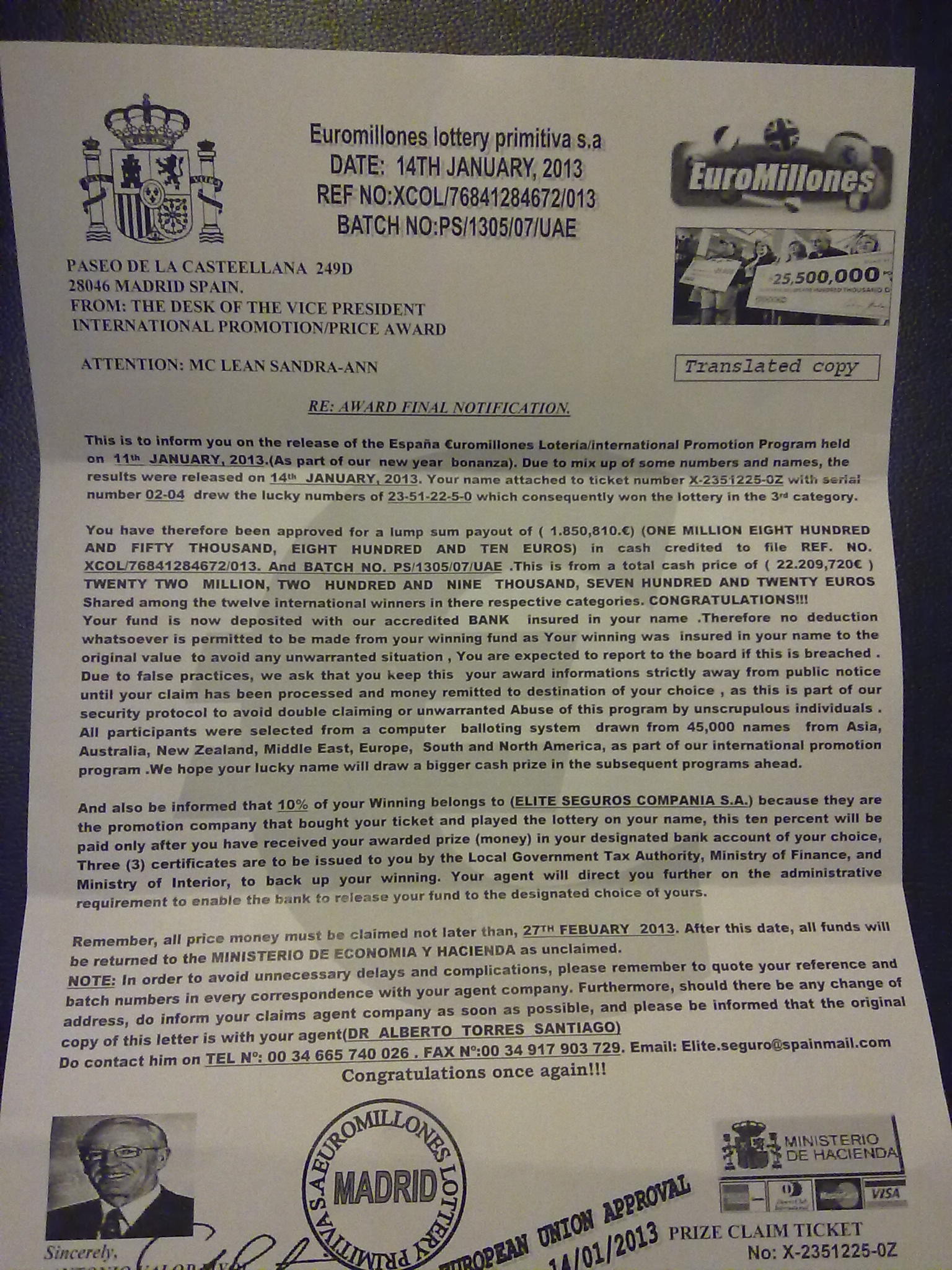 Fake letter from Eoromillones lottery