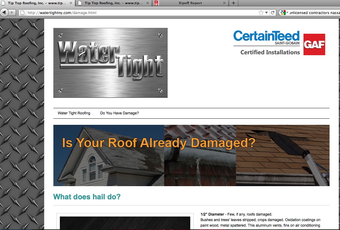 the content on the New York Co Water Tight Home Improvements Roofing Damage Page