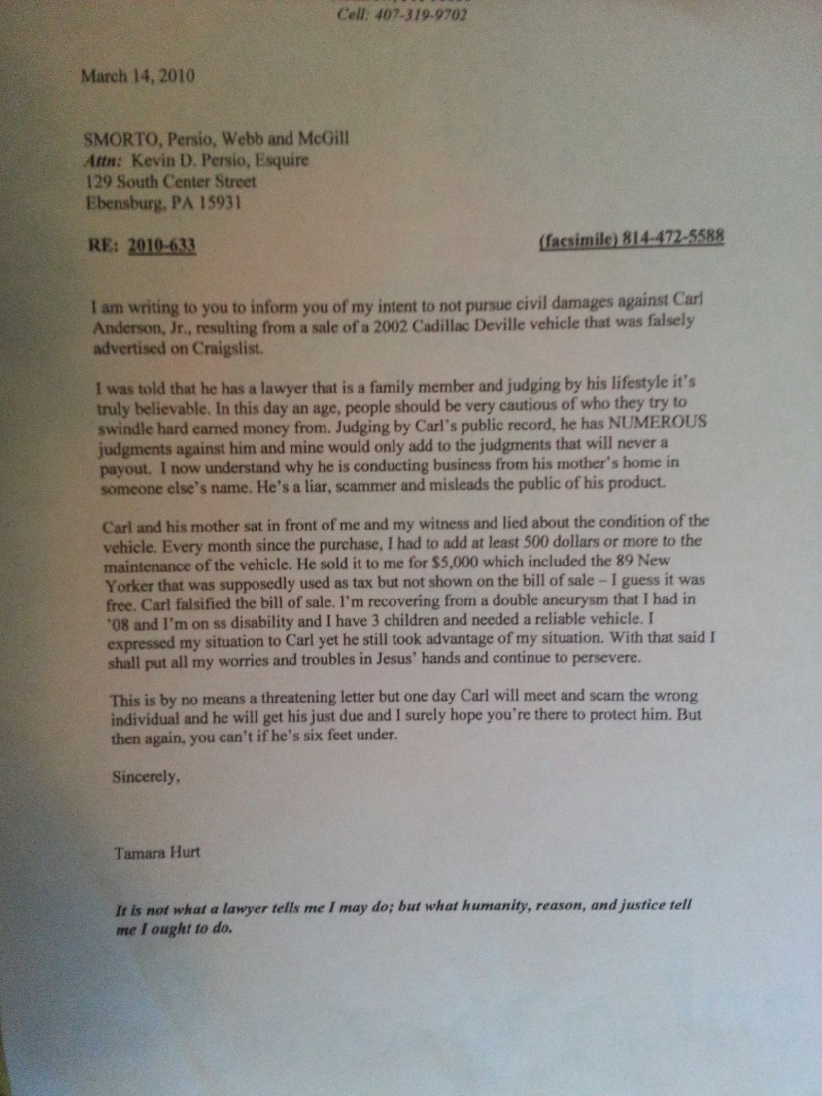 Letter to Attorney