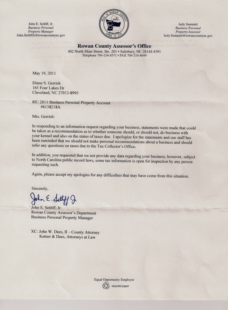 Rowan Tax Assessors letter of apology