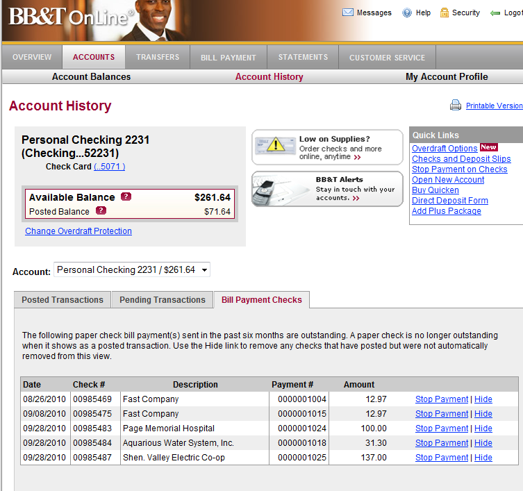 Bill Payment Checks tab