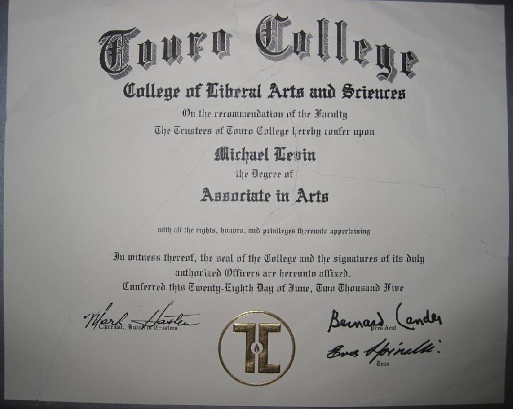 Touro College Associate in Arts Degree Diploma