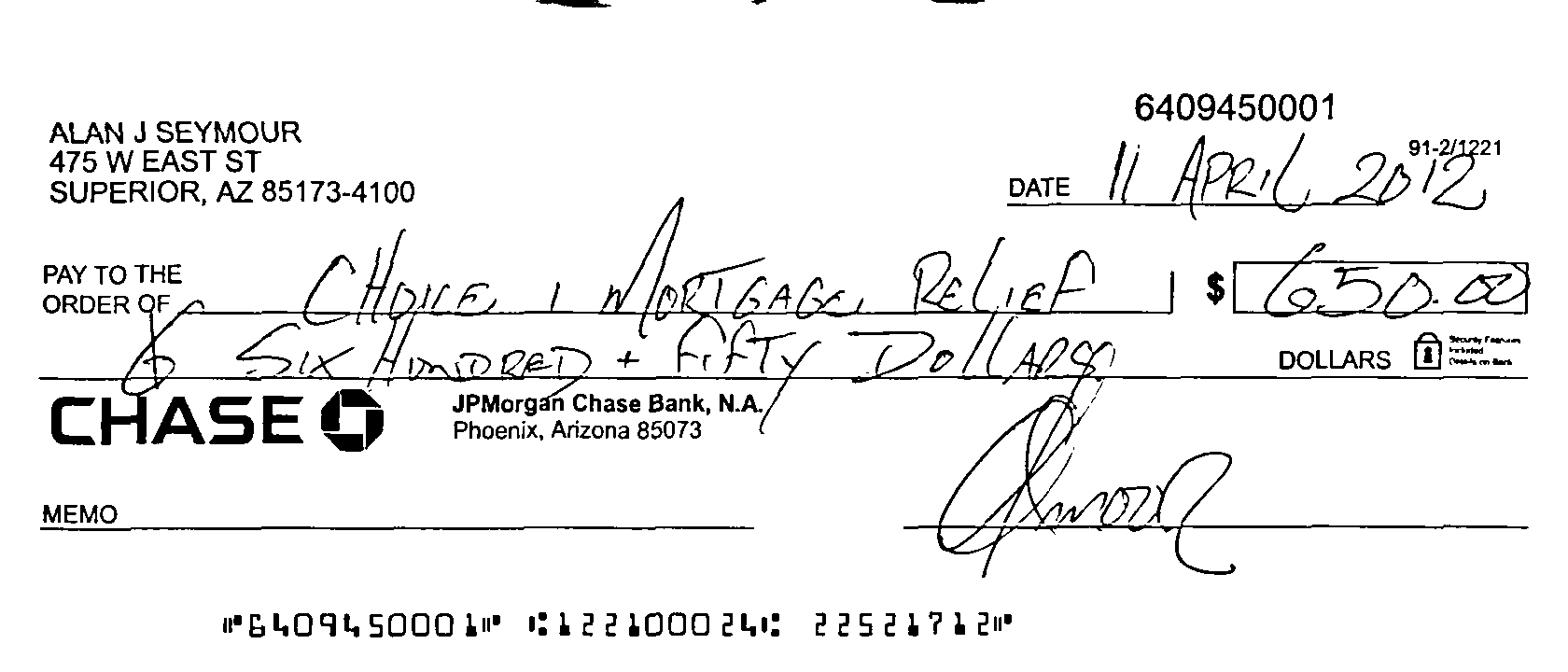 Image of check sent to Choice 1 Mortgage Relief