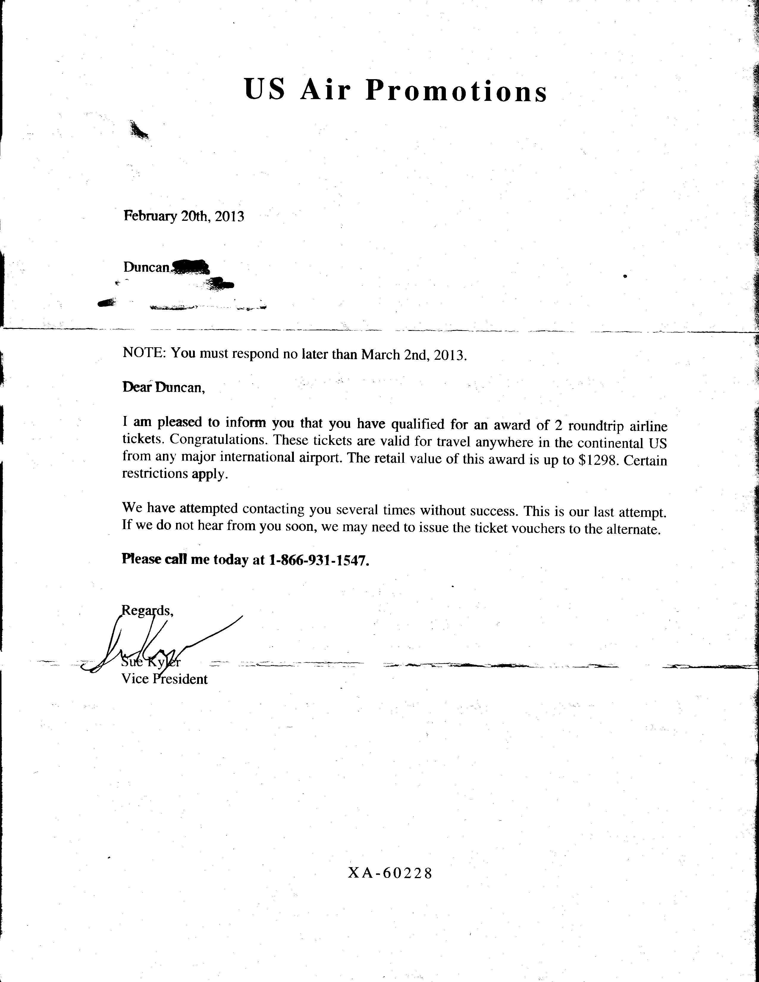 US Air Promotions Letter
