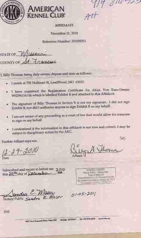 Affidavit with my true signature sent to AKC