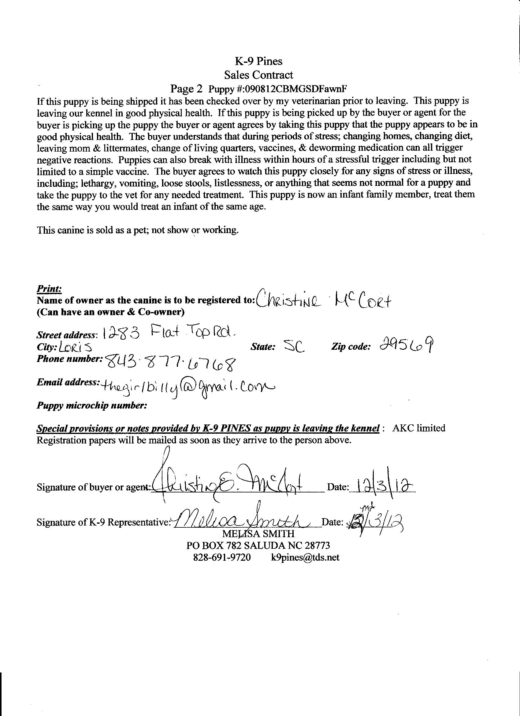 2nd page of sales contract showing Christine agreed to terms in which says papers will be mailed as soon as they arrive.  