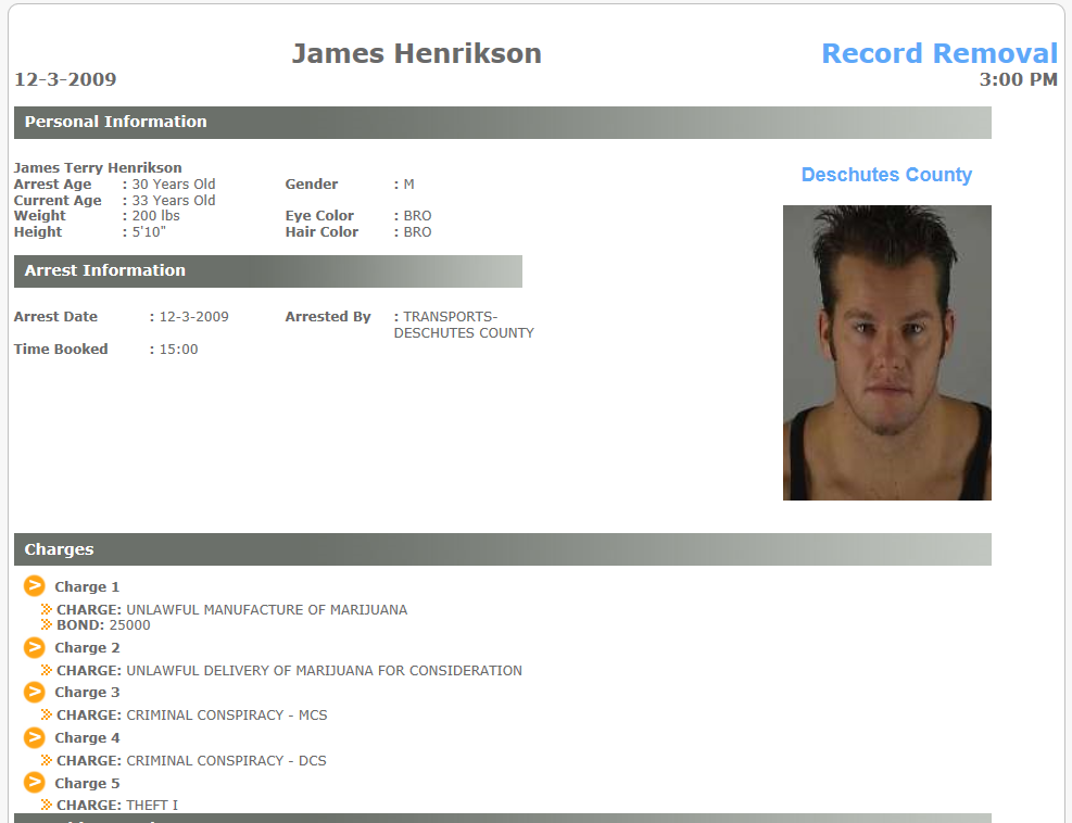 James Henrikson Arrest for Manufacturing and Distributing Marijuana.