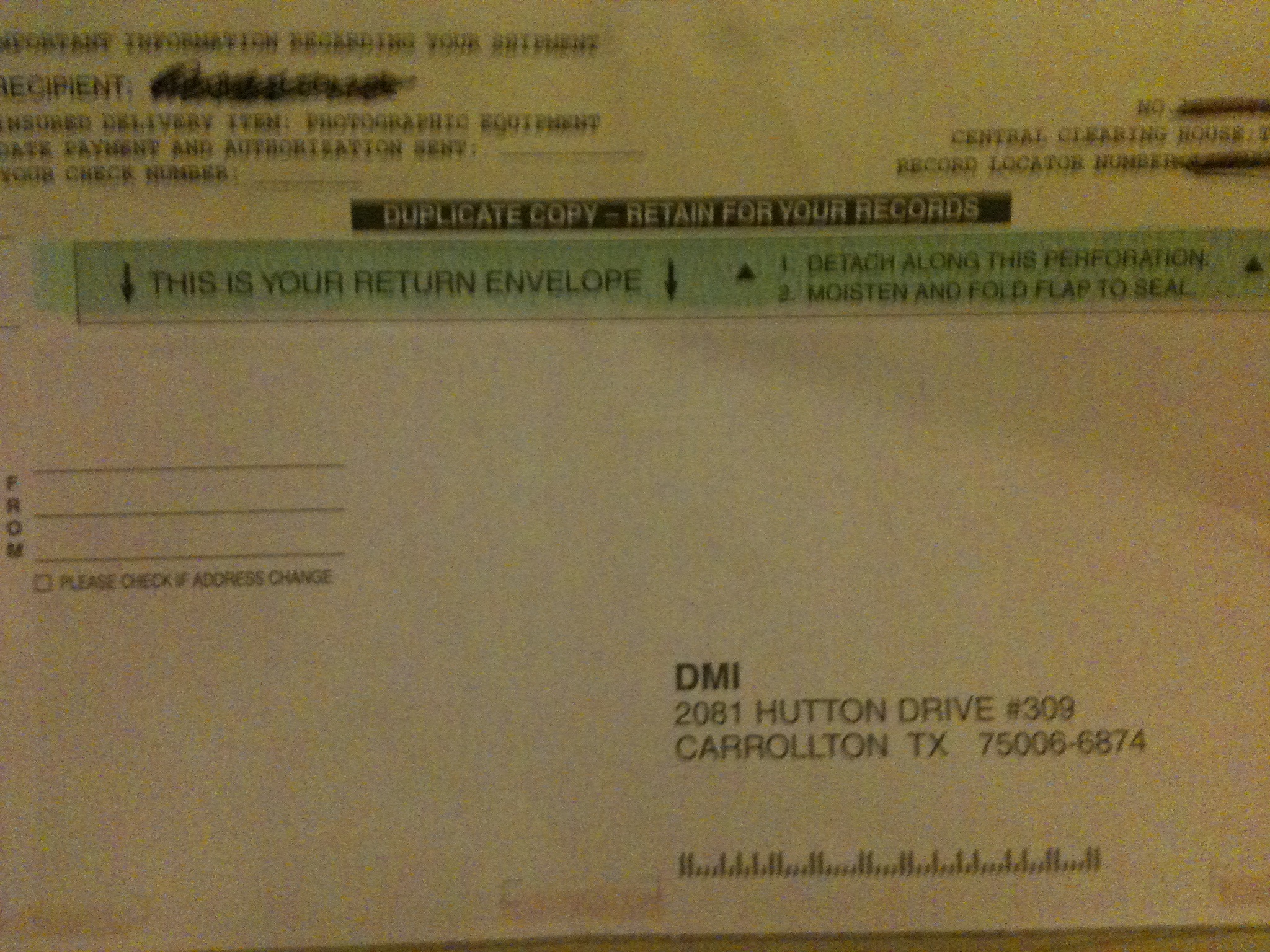 Attached return envelope with Co. name and address