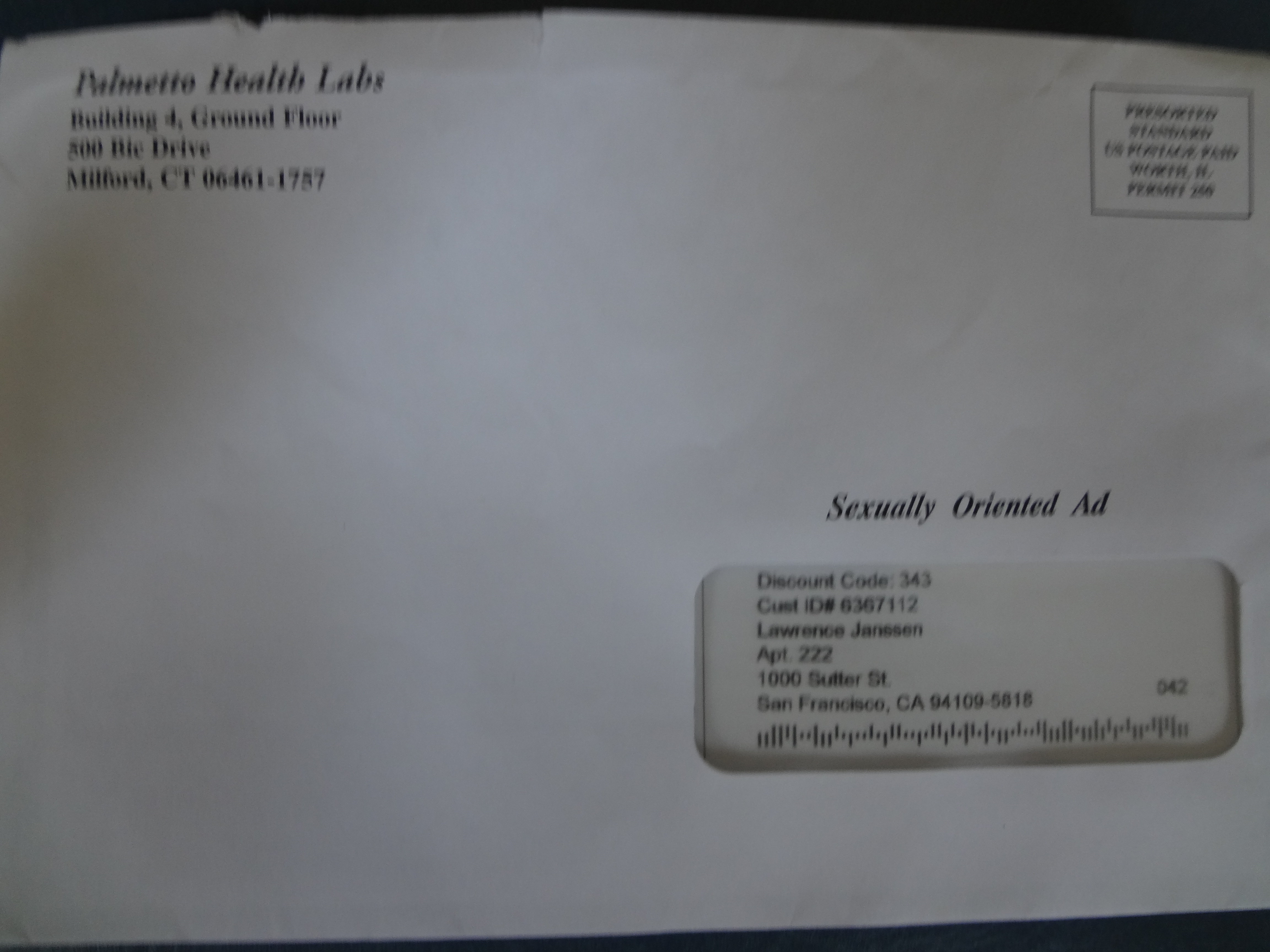 Palmetto Health Labs- Envelope addressed to Lawrence Janssen with "Sexually Oriented Ad" statement above my name & address