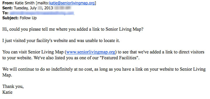 2nd email from scam artist for Senior Living Map.