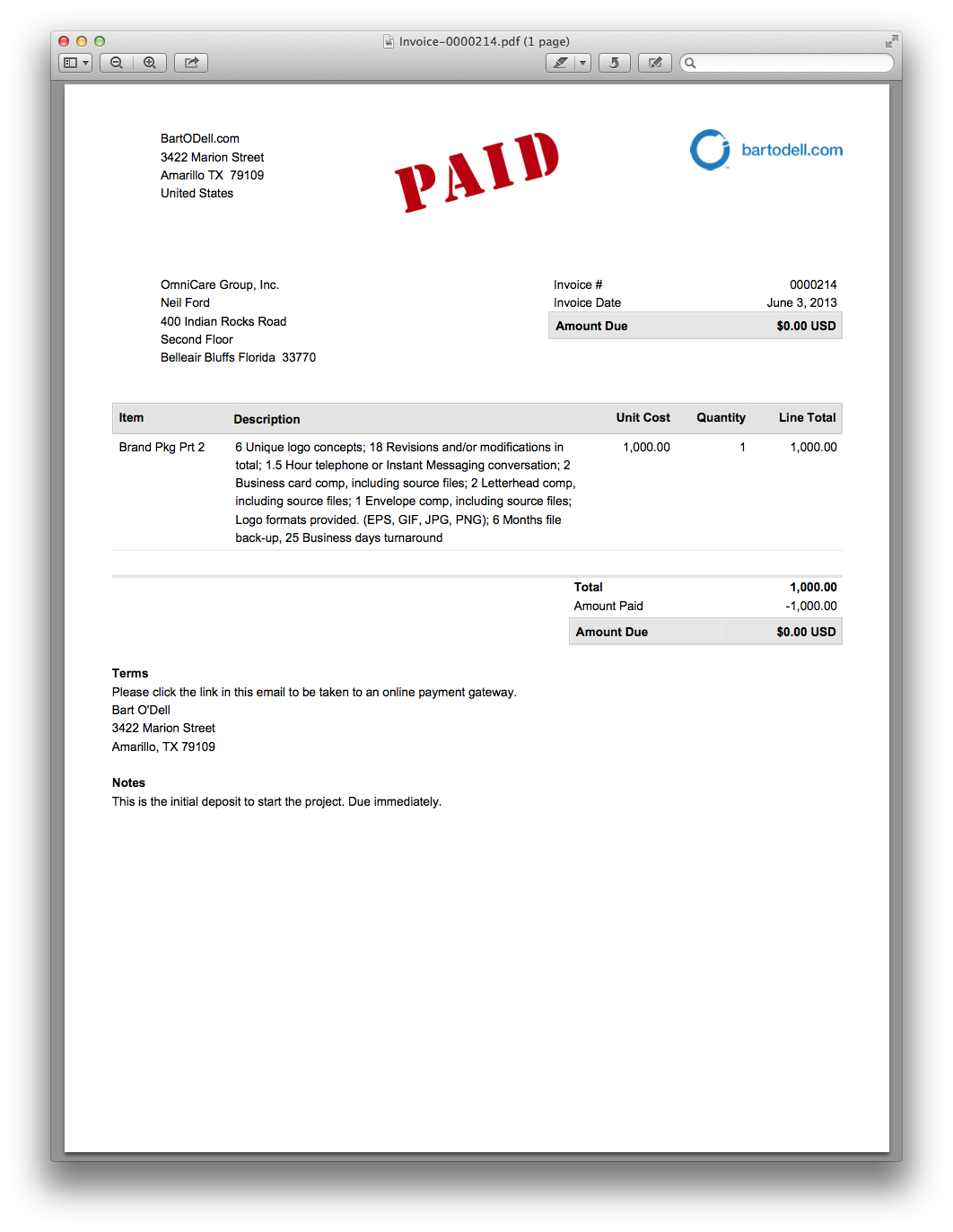 Initial non-refundable invoice as paid.