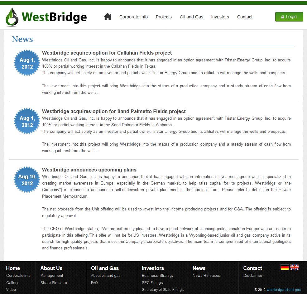 WestBridge Oil & Gas news, Tristar Energy Group optiona agreement