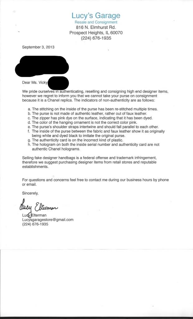 Picture of letter from consignment store verifying that the purse is in fact fake!