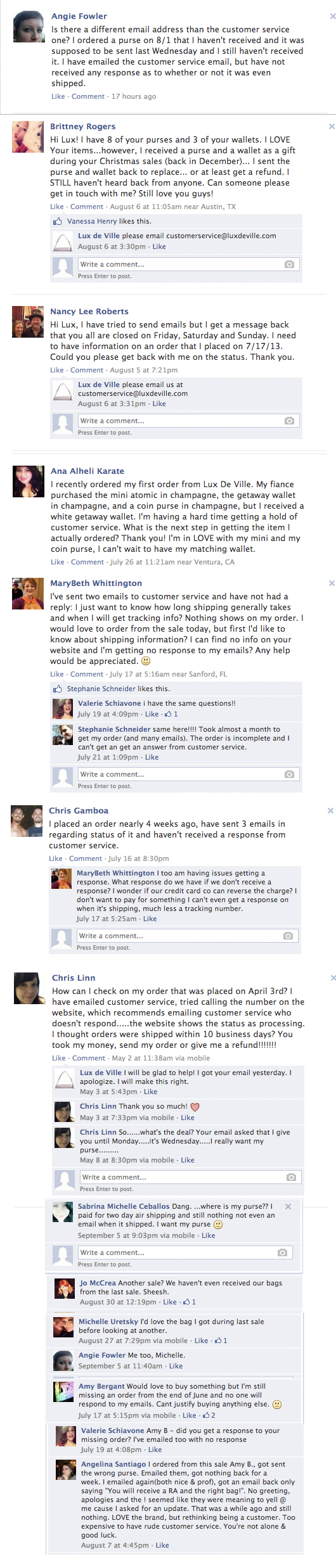 Comments of customers on Lux De Ville's Facebook page who haven't received their products.