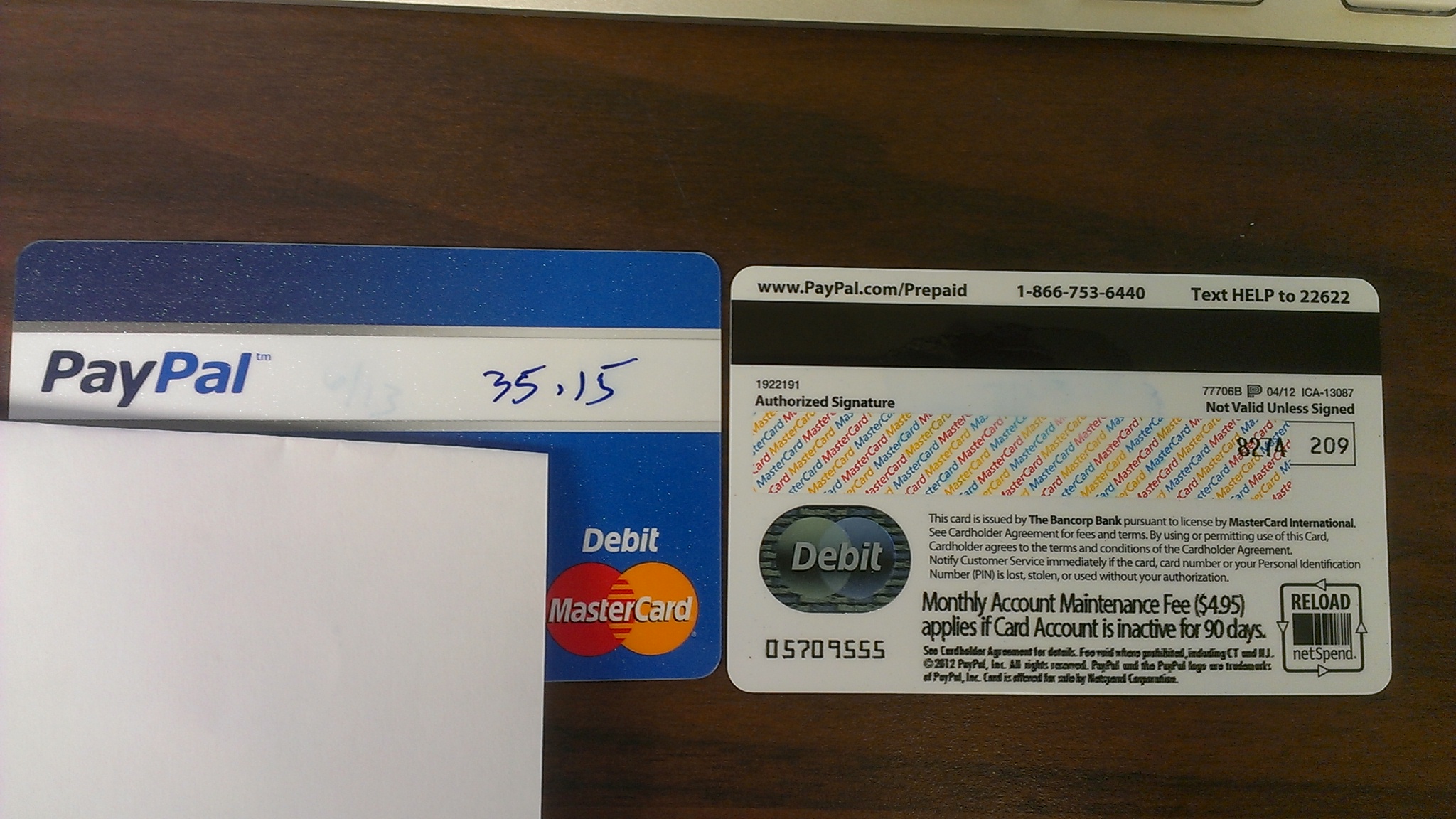 what the paypal debit card loos like.  there is a sticker that I removed to call paypal/prepaid