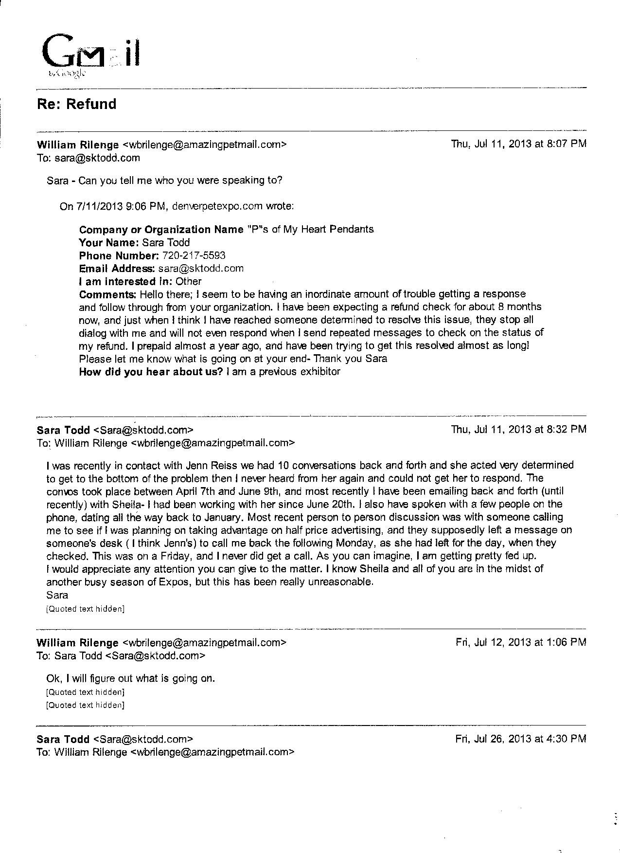 Copy of just one of 7+ pages of emails to William Rilenge and his wife and employees.