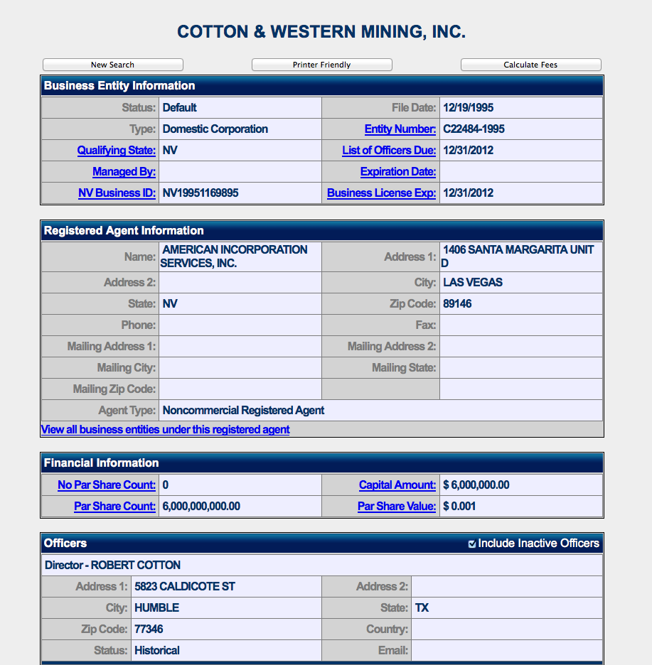 Cotten & Western Mining Robert L. Cotton Fraud FBI investigation same address like American Incorporation Services 1406 Santa Margarita st. unit D