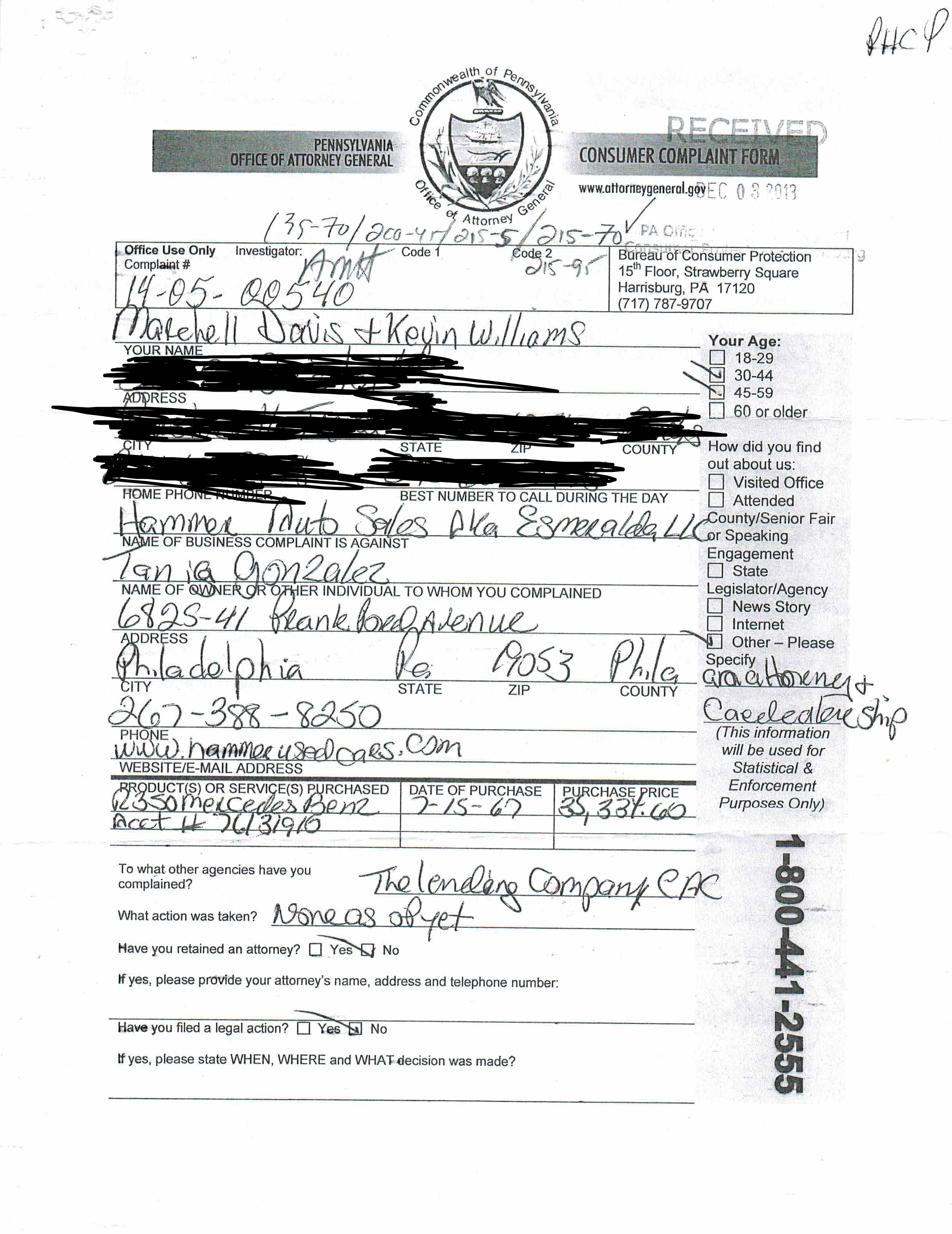 Attorney General Complkaint filed by Marchell. Falsified stating she Paid $35,334.60 for her vehicle. Sales order will show real price.