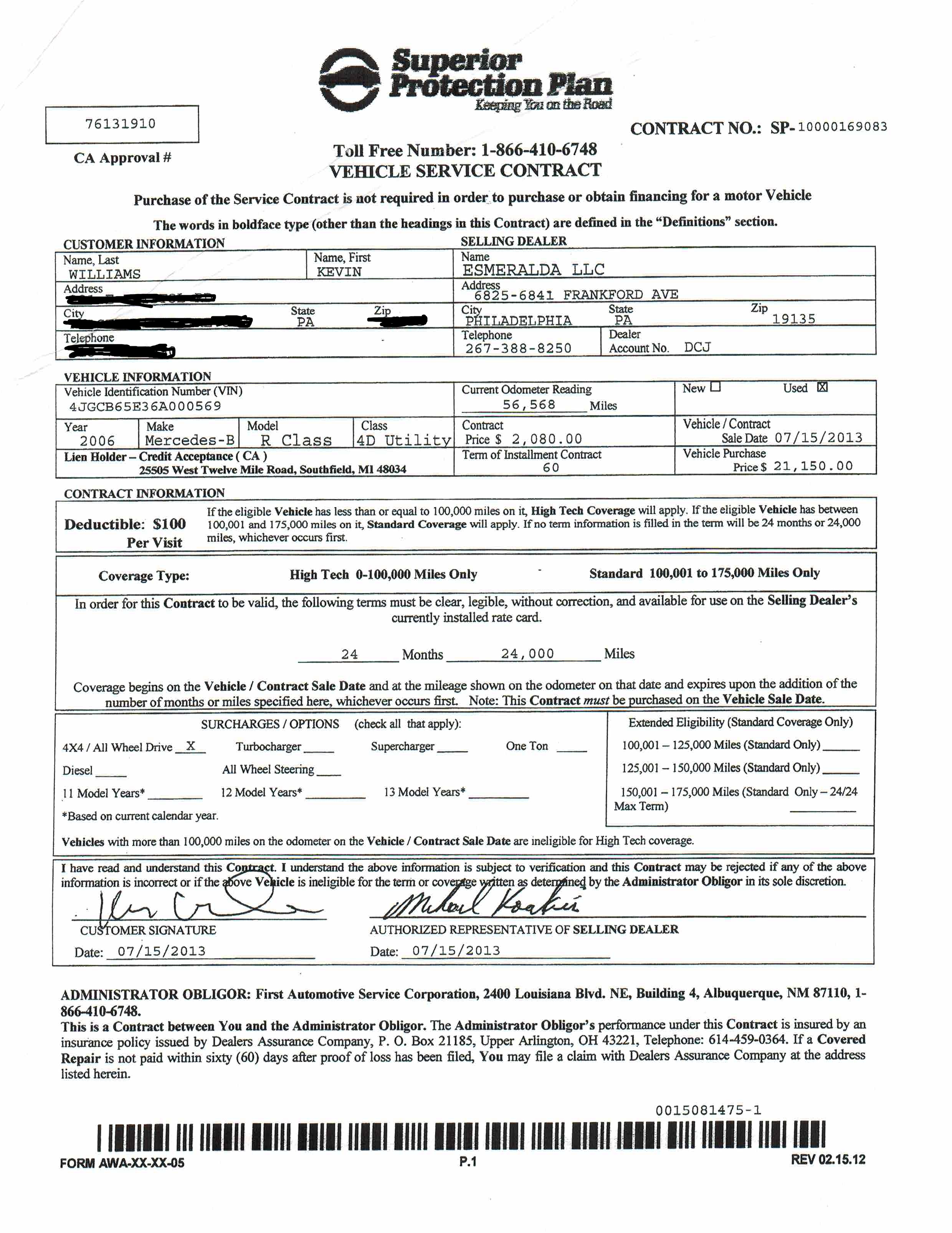 WARRANTY WITH VEHICLE AND MILEAGE SIGNED BY BOTH PARTIES