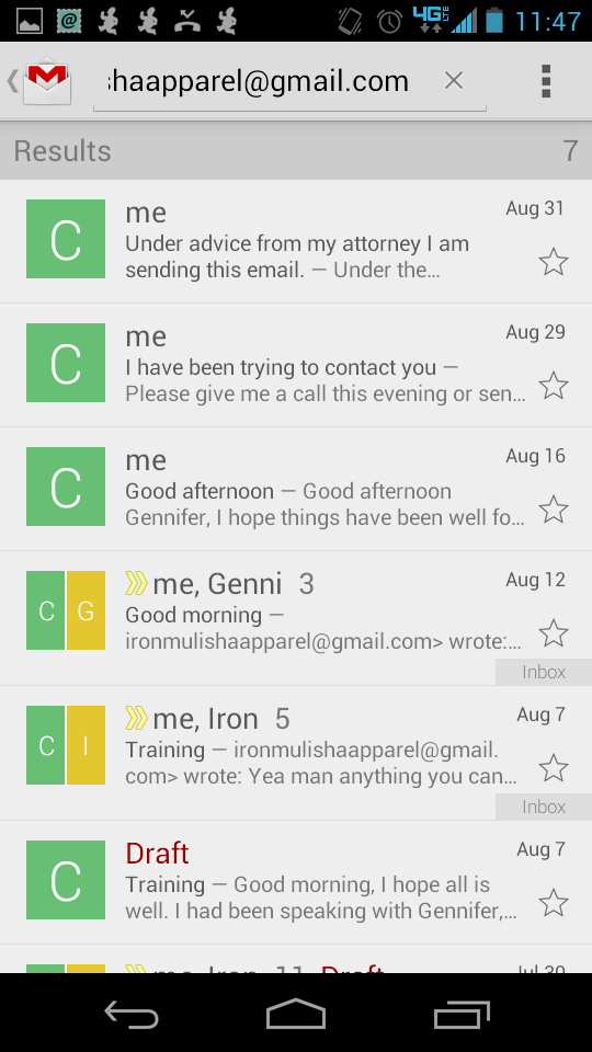 If you are not familiar with the mobile Gmail platform the green C represents the first letter of my email. The Yellow G is their response. You can see the consecutive emails that were sent that were 