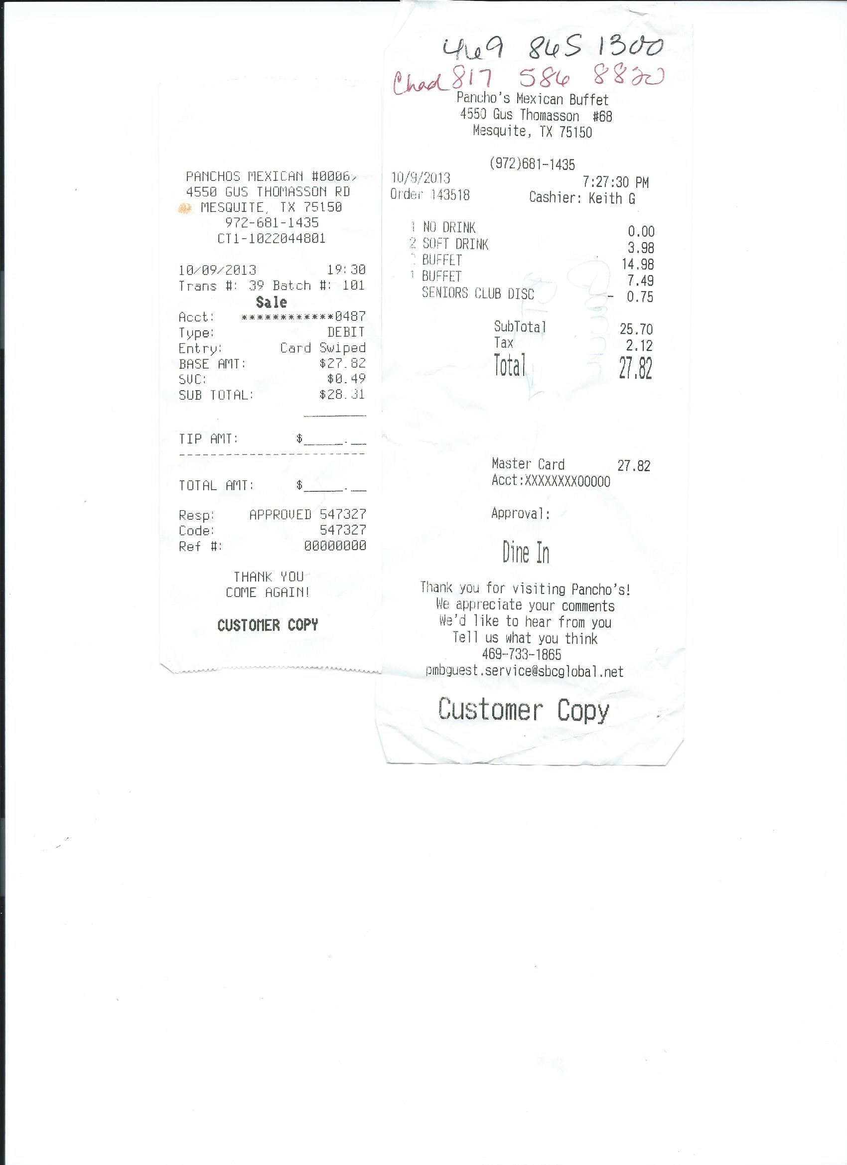 Receipt with "SVC" fee