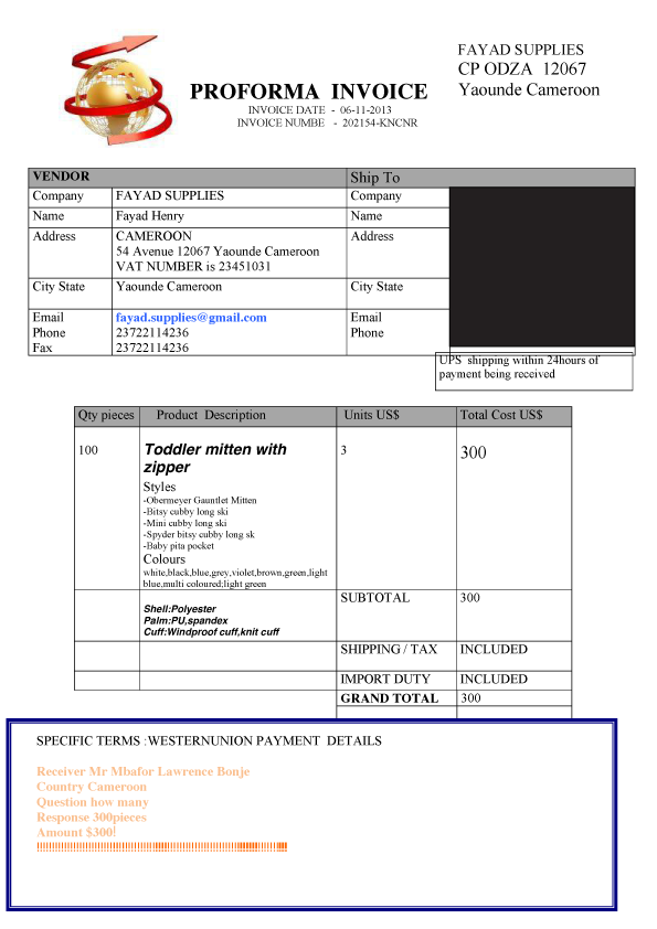 The proforma invoice received from Fayad Henry of Fayad Supplies.