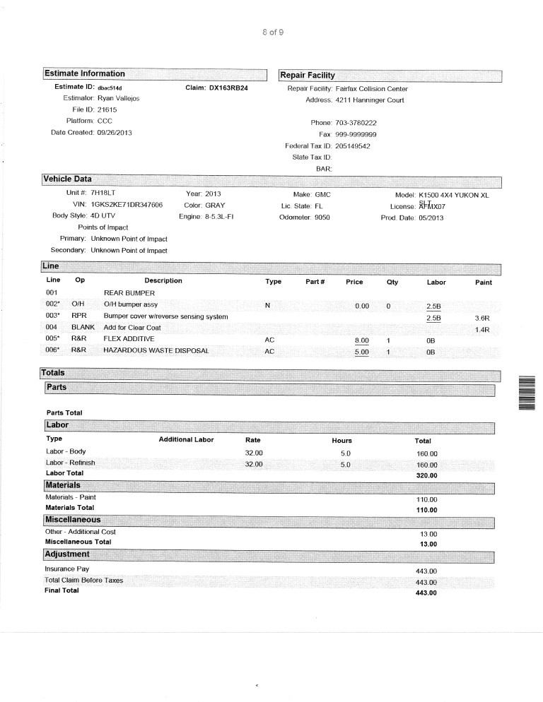 Enterprise Invoice backup showing grey vehicle with Florida tags and 10 hours of labor.