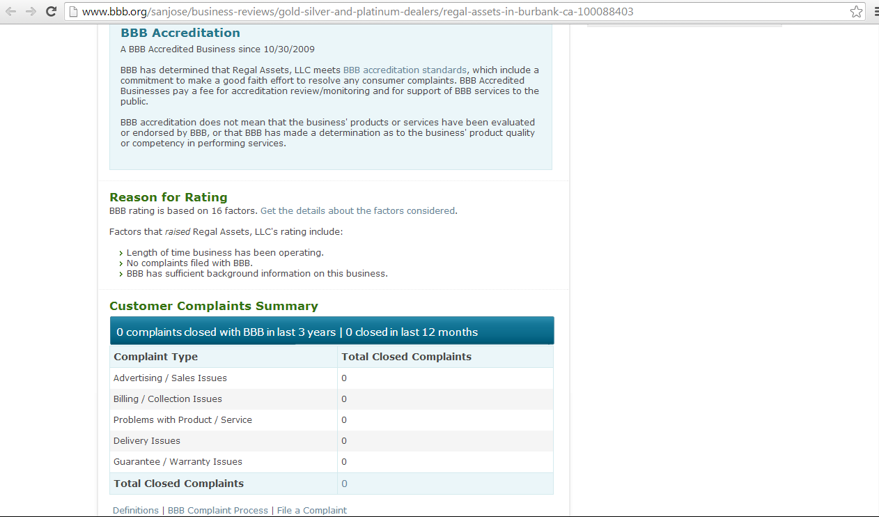 Our BBB file showing 0 complaints