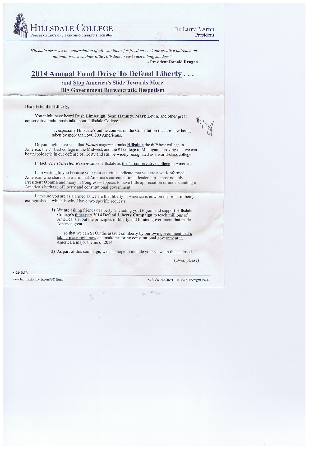 2013 Hillsdale College letter
