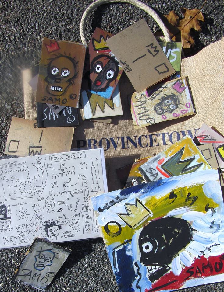 Just a few of Kevin's "authentic" Basquiat drawings just kick'n it on the concrete next to a dead leaf. Yay.