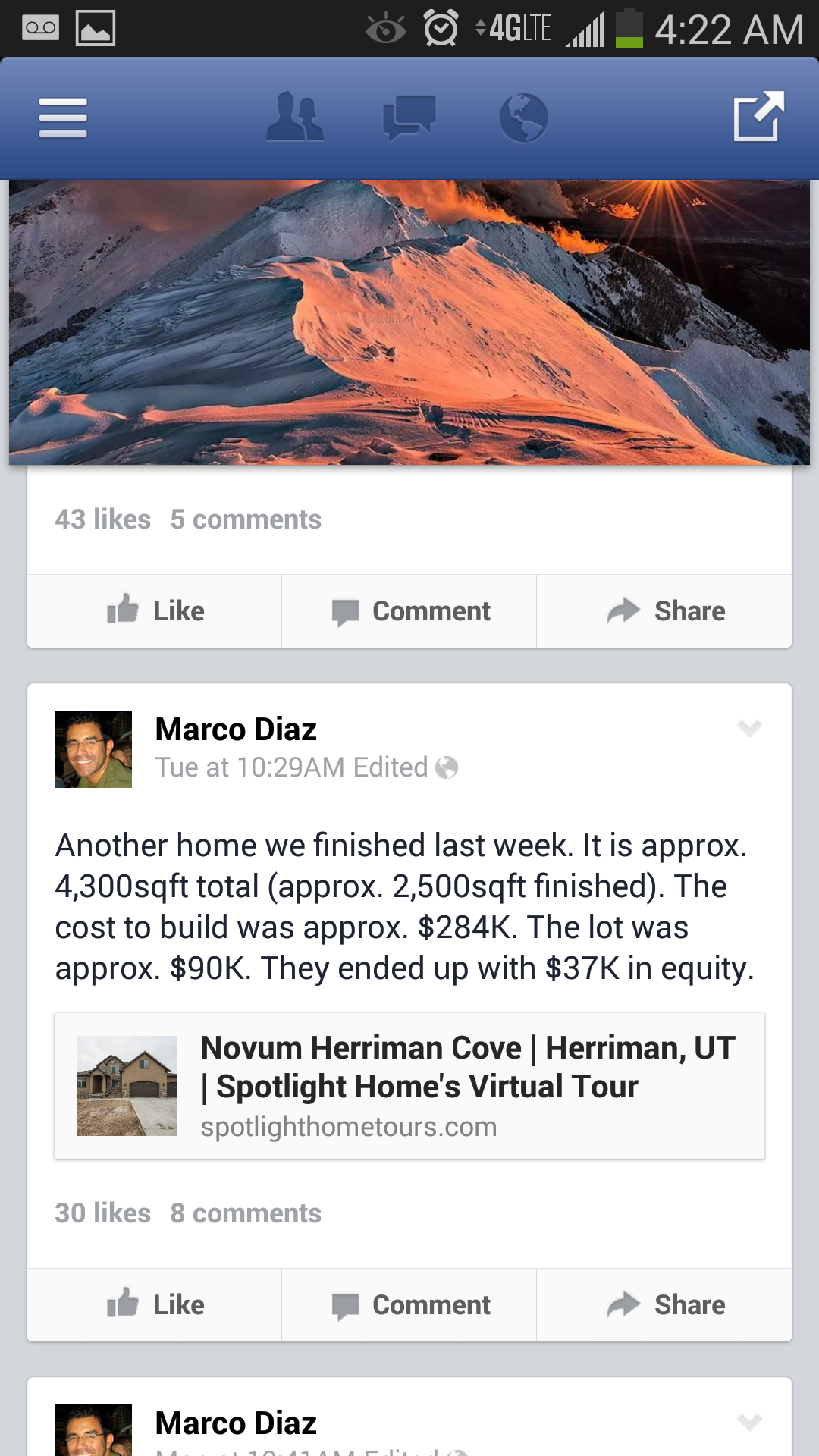 Marcos Diaz fb post about home that he just finished