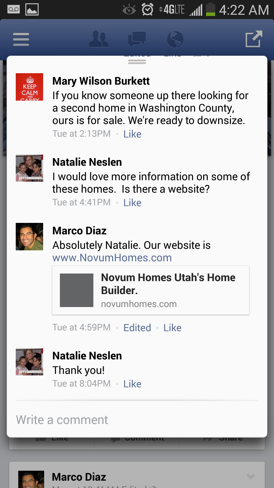 Fb screen shot from Marco Diaz giving Novum Homes as the Web site for info on the home he built