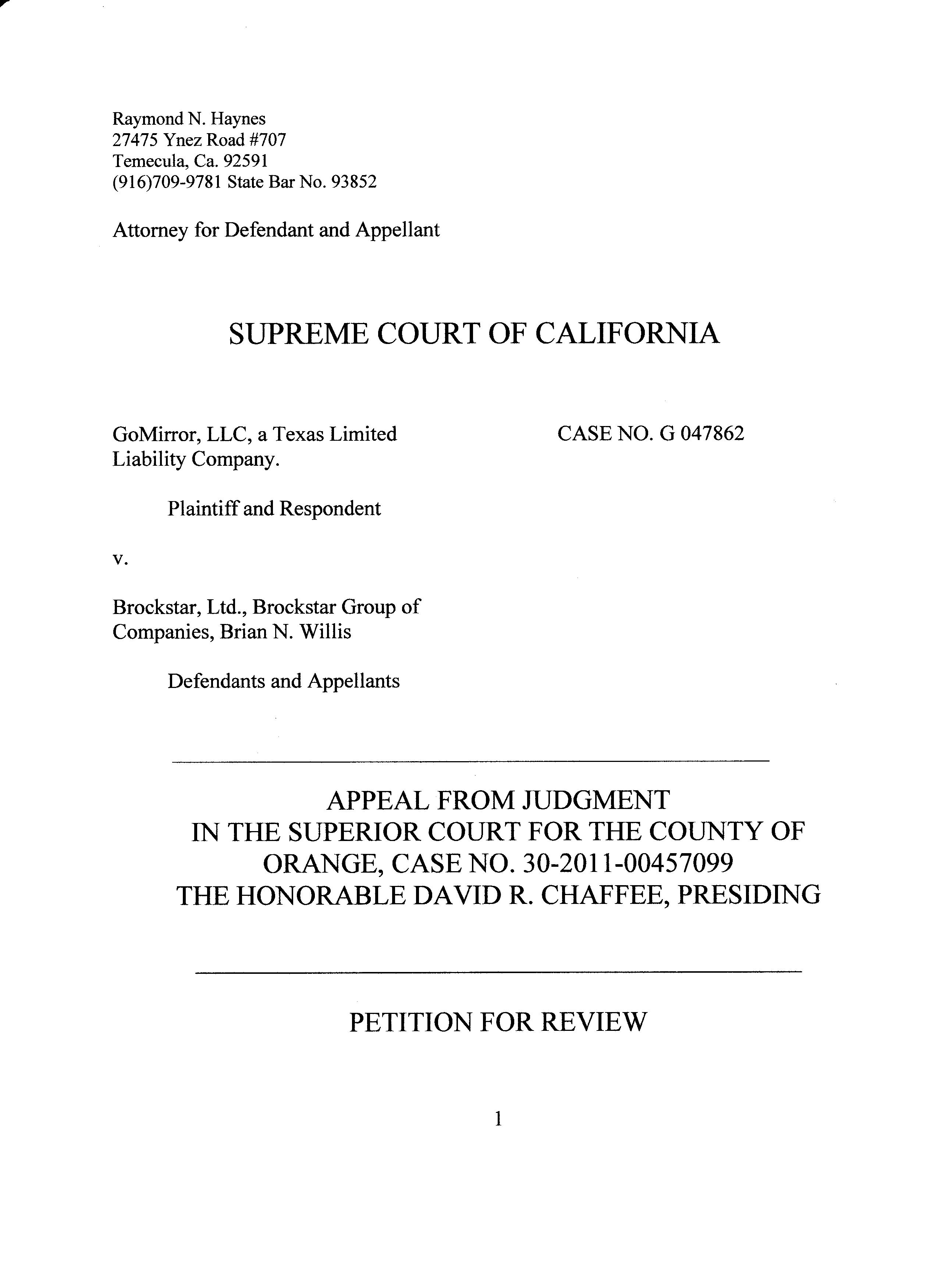 STATE OF CALIFORNIA SUPREME COURT PETITION BROCKSTAR VS GOMIRROR, LLC PROOF