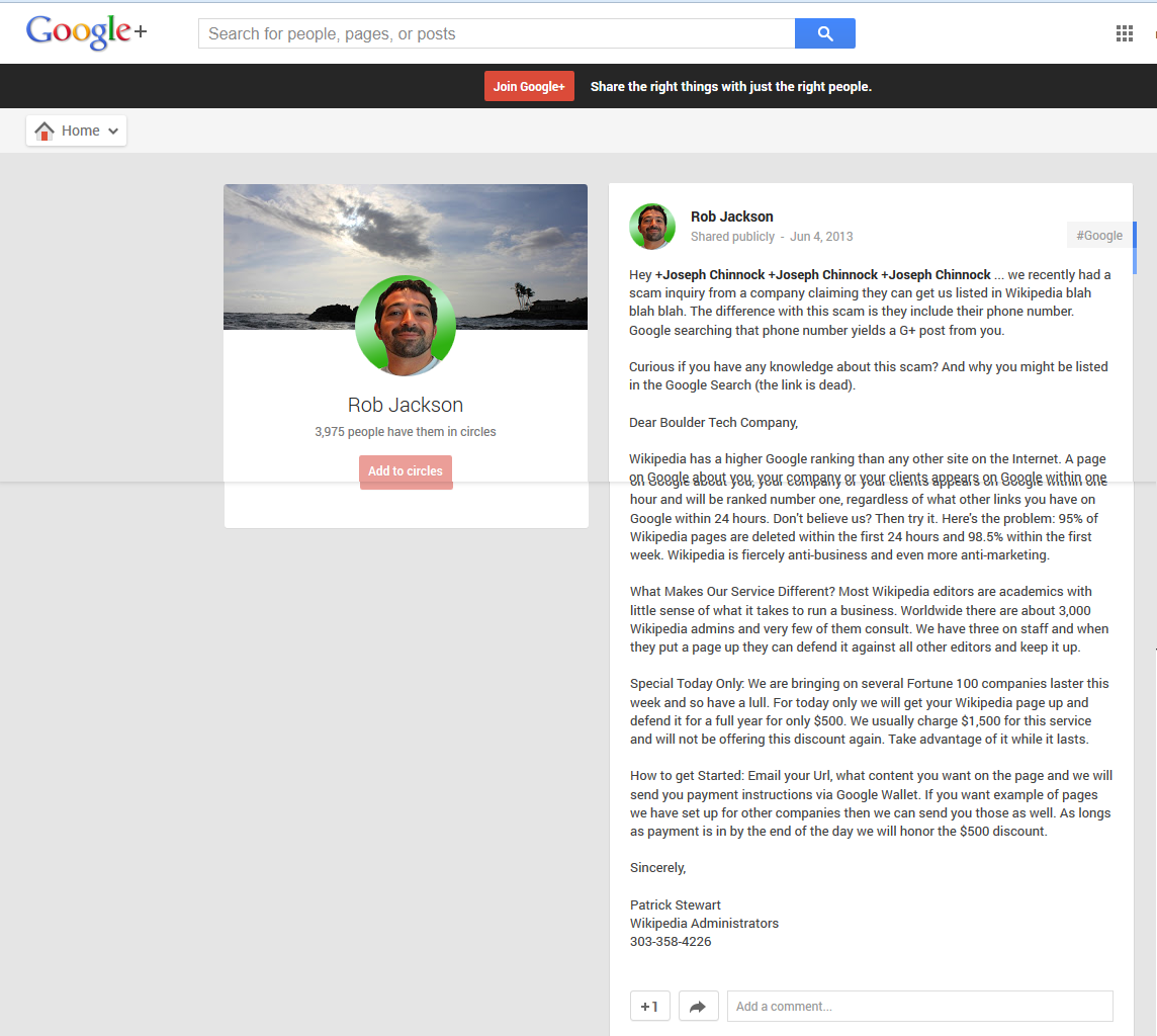 Image of Google+ post  where Mr. Chinnock is using another fake name. Notice the phone number matches the same in the email. 