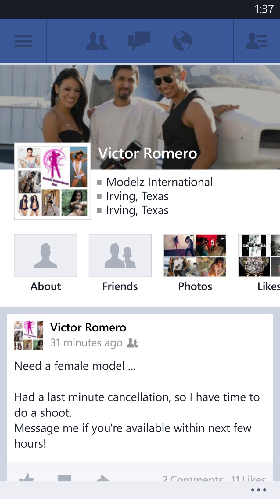 Victor Romero's Facebook Page dated 1/21/13 