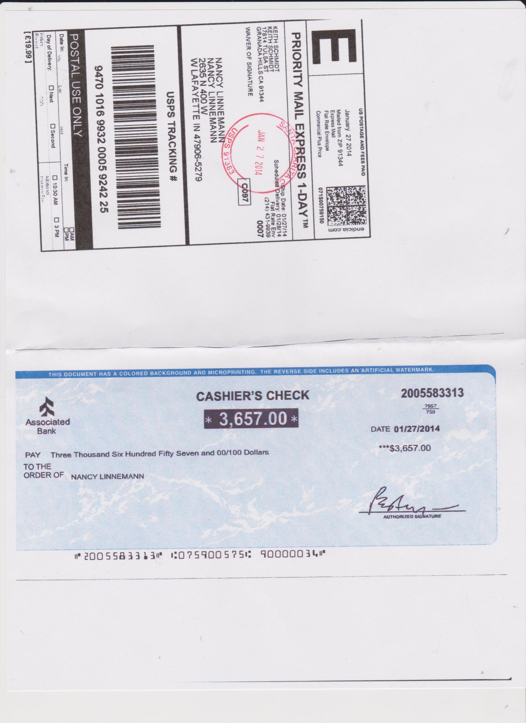 the check and front of the envelpoe