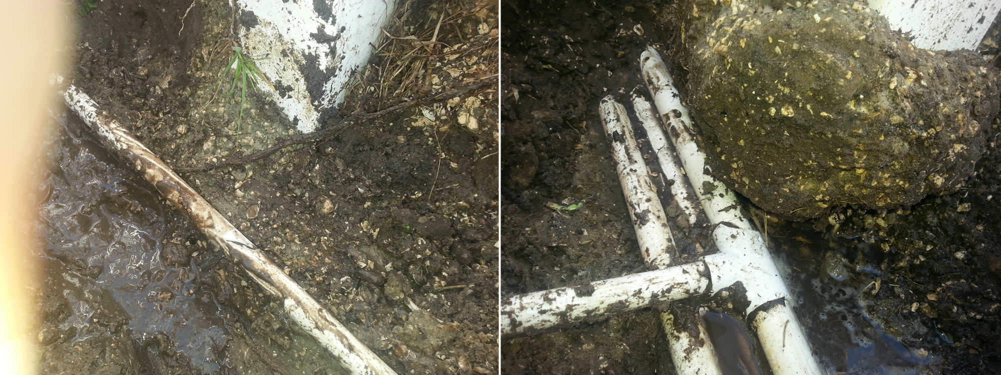 These are the other 2 broken pipes we found.  The concrete was all washed away on the left photo.