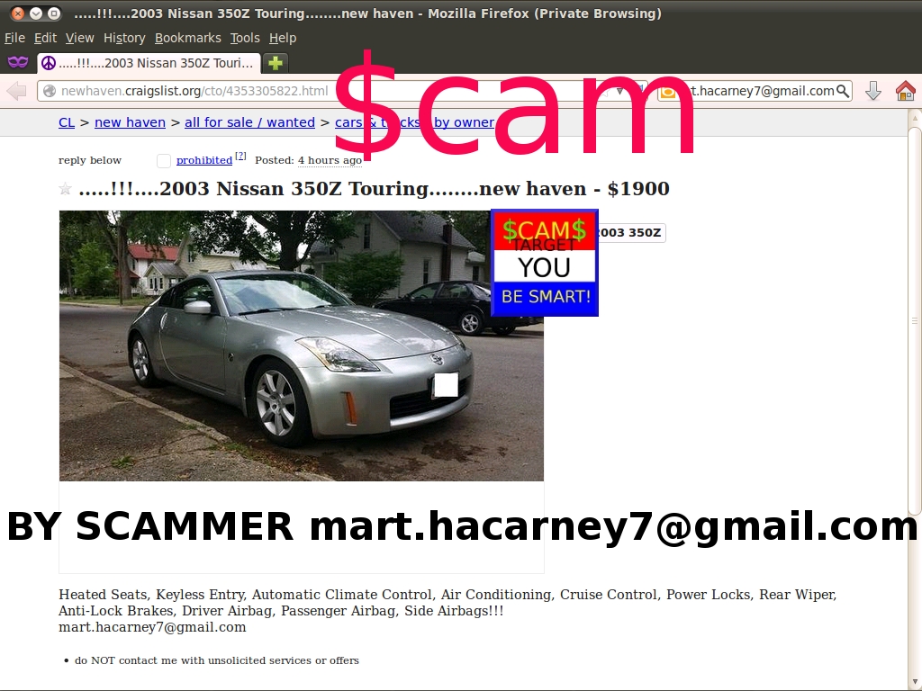 Online Vehicle Shipping Scam -
2003 Nissan 350Z Touring - $1900  BY SCAMMER mart.hacarney7@gmail.com