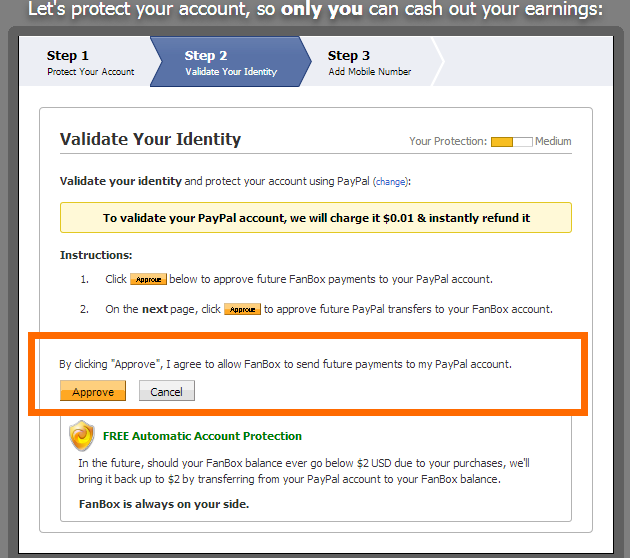 Approving future payments is clearly noted anytime someone adds their payment account to their FanBox profile.