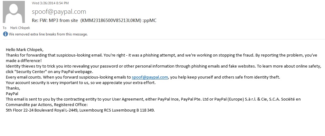 PayPal Response to Phishing Email sent from Jaywan, Inc. Sales  jwanincsales1@gmail.com