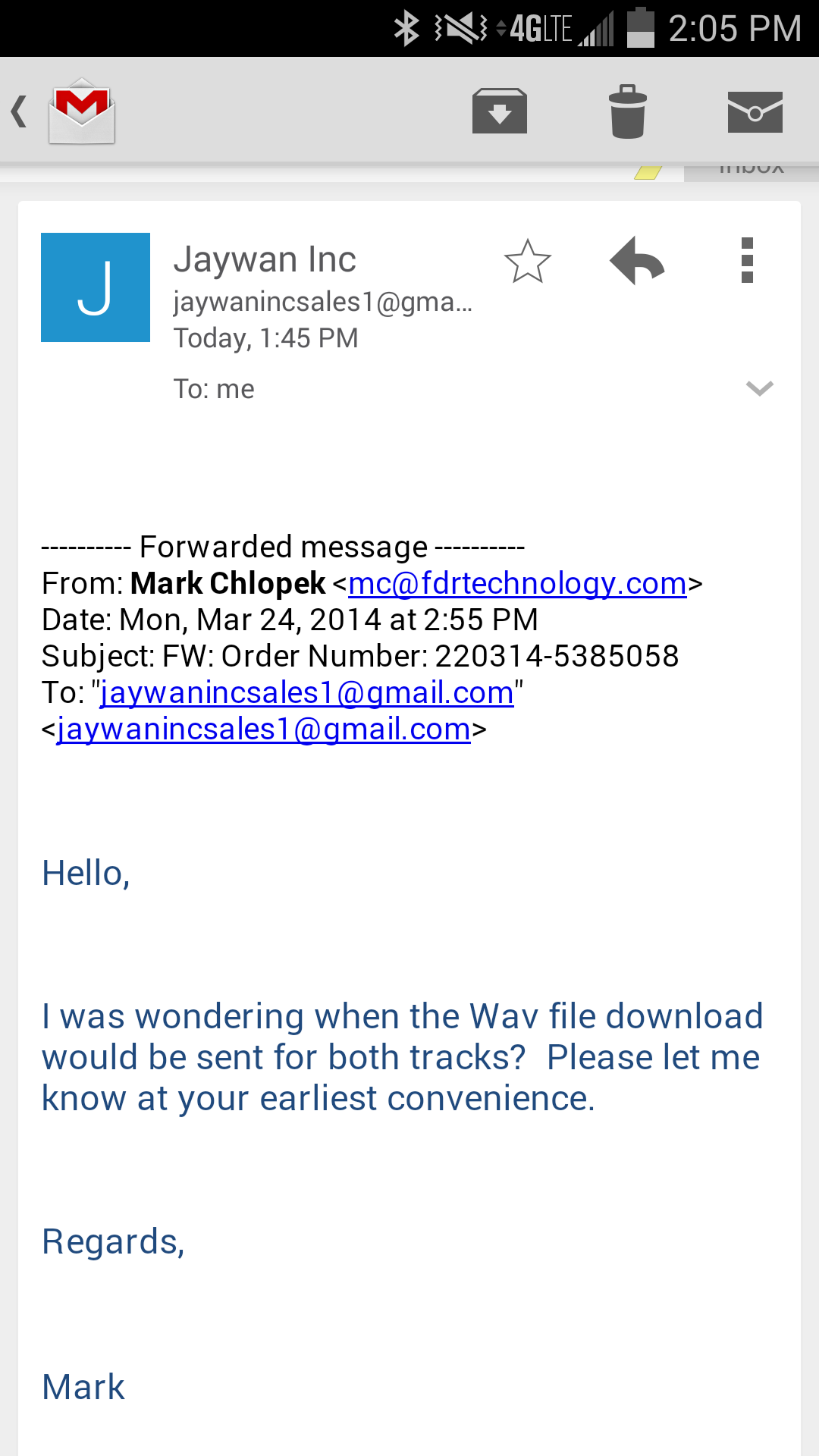 Scammer asking when we were going to send the tracks he purchased. 