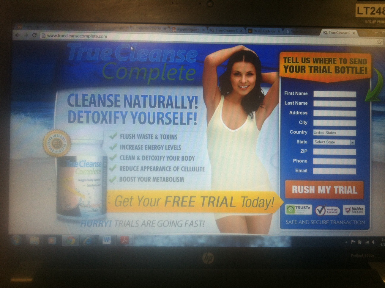 Screen Shot Of truecleansecomplete.com home page showing "FREE Trial Offer" false claim